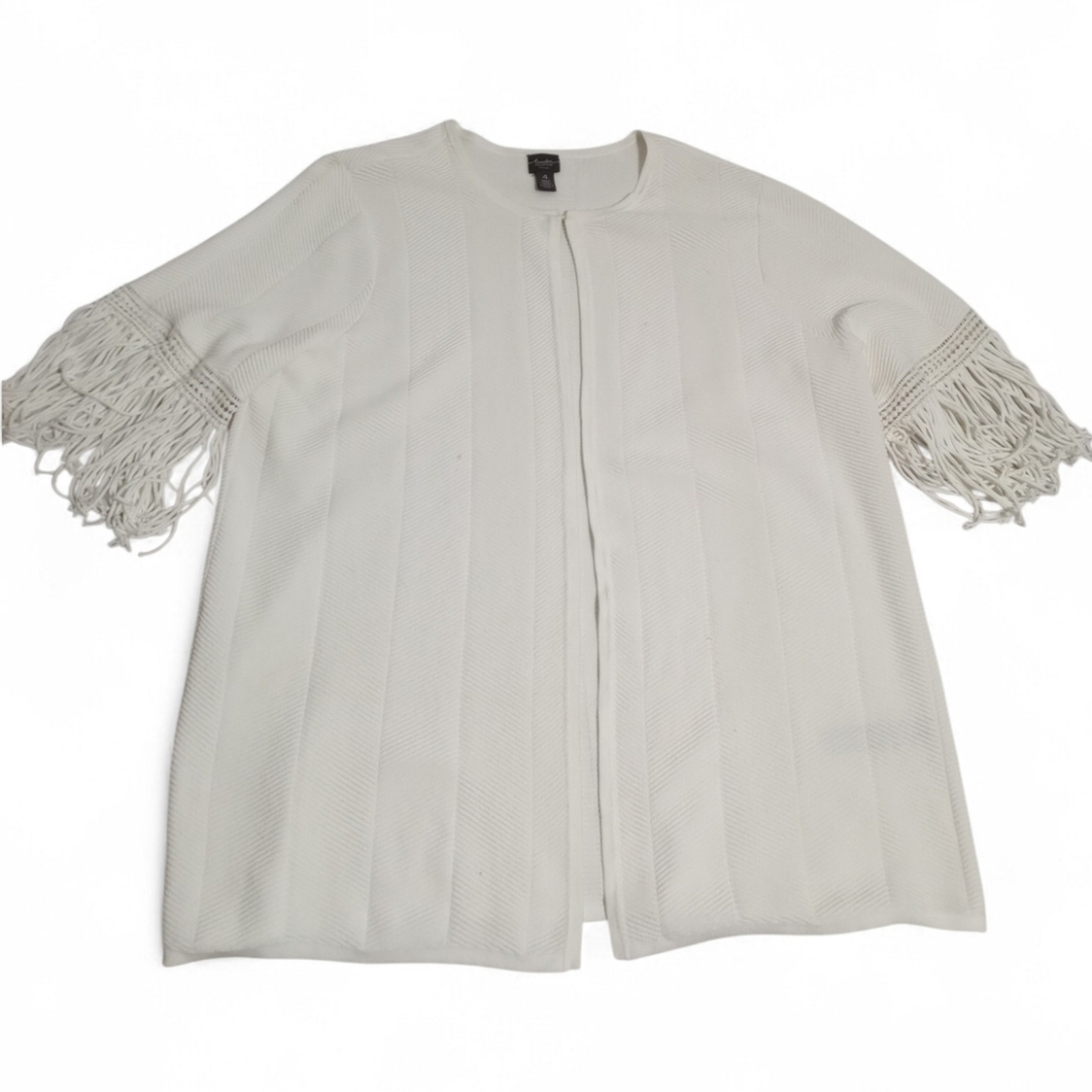Travelers Collection Ribbed Lace Fringe 3/4 Sleeve Hook Closure Cardigan Sz 4 - Picture 2 of 10